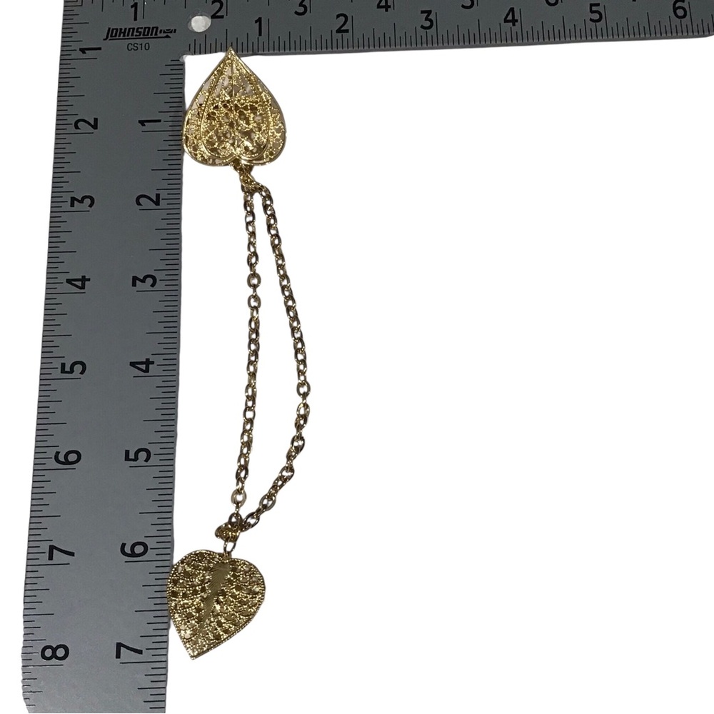 Double Heart Brooch Gold Tone Chain Filigree Blazers Lapel Costume Jewelry Vtg - Picture 9 of 11